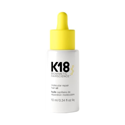 K18 Molecular Repair Hair Oil - Strengthening Peptide Damaged Hair Treatment Oil - 24-Hour Frizz Control + Heat Protectant - Helps Reduce Split Ends + Boost Shine (0.34 Fl oz)
