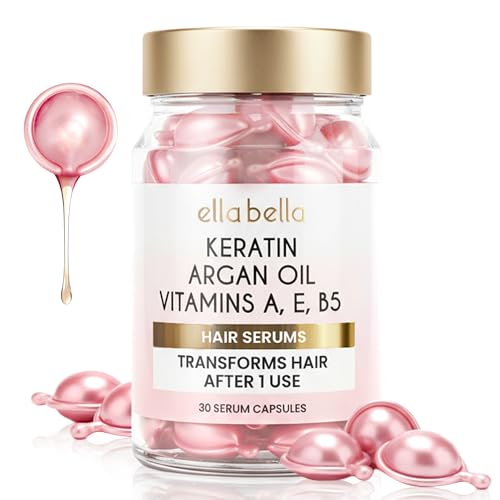 ELLA BELLA Keratin Hair Serum with Argan Oil & Vitamins A, E, B5 – Anti-Frizz Hair Treatment & Night Repair – Hair Vitamins for Women for Smooth, Shiny, Frizz-Free Hair
