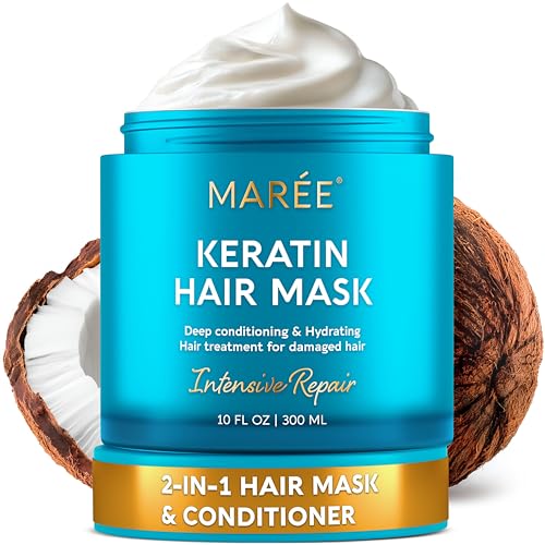 MAREE Deep Conditioning Hair Mask for Damaged Hair Treatment – Keratin Hair Care for Hydrating Growth Repair Moisturizing – Dry Curly Color Refreshing – 10 Fl Oz, White