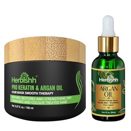 Herbishh H2 Combo (Condition + Hair Treatment) Pro Keratin Hair Mask 150 gm and Argan Oil for Hair 30ml for Men & Women | Combo for Dry, Weak & Frizz Hair