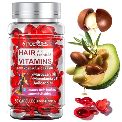 POEROES Hair Oil 50 Capsules - Hair Vitamins A C E Pro B5 - Hair Treatment Serum - Serum for Frizzy and Damaged Hair - Argan & Avocado Oil - Leave in Conditioner for Women & Men