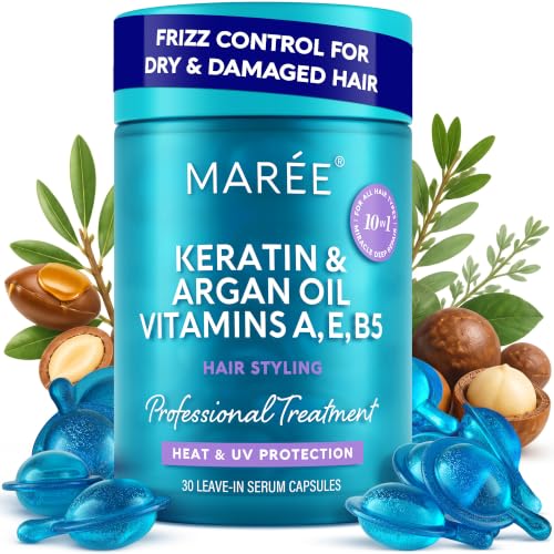MAREE Hair Serum for Frizzy Dry Hair – Styling Capsules with Keratin, Argan Oil, Vitamins A E B5 – UV & Heat Protectant Frizz Control Serum for Women – Aceite Para el Cabello Treatment | for Frizzy