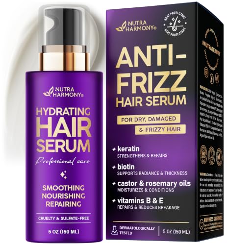 Hydrating Hair Serum for Dry & Frizzy Hair, Lightweight Leave-In Anti-Frizz Treatment, Non-Greasy Split Ends Repair with Keratin, Biotin, Castor & Rosemary Oils, Smooth Shine & Heat Protection, 5 oz
