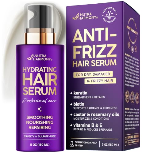 Hydrating Hair Serum for Dry & Frizzy Hair, Lightweight Leave-In Anti-Frizz Treatment, Non-Greasy Split Ends Repair with Keratin, Biotin, Castor & Rosemary Oils, Smooth Shine & Heat Protection, 5 oz