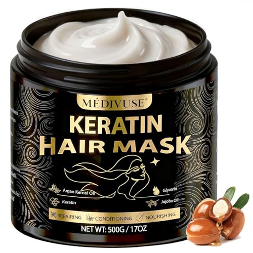 Deep Conditioning Hair Mask - Keratin Mask with Argan Oil - Giant 500ML Size Jojoba Oil Natural Hydrating Repair Hair for Damaged Frizzy Dry Hair Treatment - Fits All Hair Types (17 oz), Argan Oil